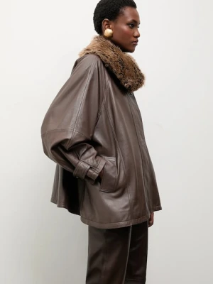 Answear.LAB kurtka skórzana kolor brązowy przejściowa oversize