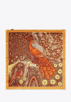 Apaszka z jedwabiu z dekoracyjnym motywem natury brązowo - pomarańczowa Wittchen