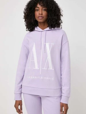 Armani Exchange bluza bawełniana damska kolor fioletowy z kapturem z aplikacją 8NYM52 YJ68Z