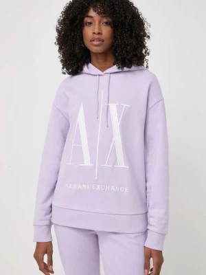 Armani Exchange bluza bawełniana damska kolor fioletowy z kapturem z aplikacją 8NYM52 YJ68Z