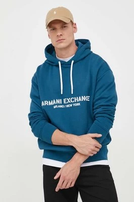 Armani Exchange bluza bawełniana męska kolor niebieski z kapturem z nadrukiem
