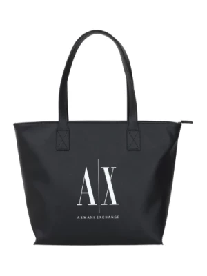 Armani Exchange, Czarna torba shopper w kształcie trapezu z recyklingu Black, female,