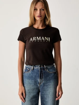 Armani Exchange T-shirt damski bawełniany z elastanem brązowy