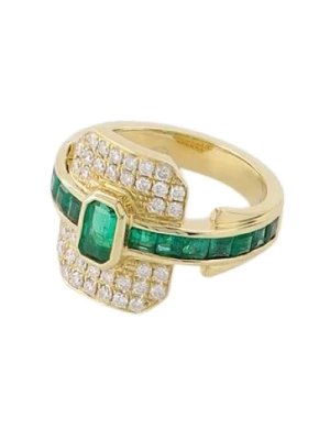 Art Deco-inspirowany pierścień tarczy w złocie i szmaragdzie Rainbow K