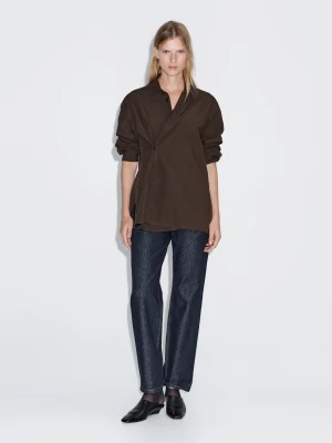 Asymetryczna Koszula Z Popeliny Zapinana Na Guziki - Brązowy - - Massimo Dutti - Kobieta