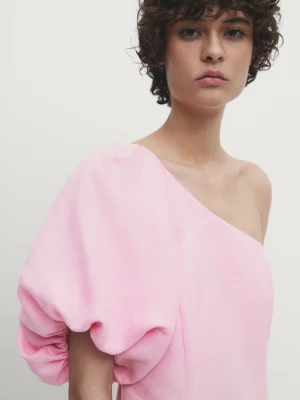Asymetryczna Lniana Sukienka Z Bufiastymi Rękawami − Studio - Różowy - - Massimo Dutti - Kobieta
