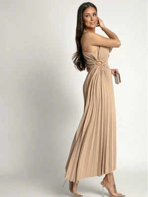 Asymetryczna plisowana sukienka z kwiatem JANNA - cappuccino  magmac 