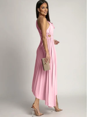 Asymetryczna plisowana sukienka z kwiatem JANNA - pudrowy róż  magmac 