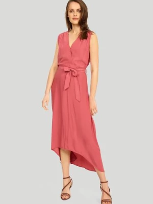 Asymetryczna sukienka damska wiązana w pasie - różowa Greenpoint