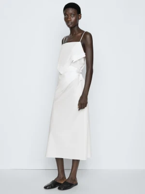 Asymetryczna Sukienka Midi Z Falbanami - Studio - Biały Złamany - Massimo Dutti - Female