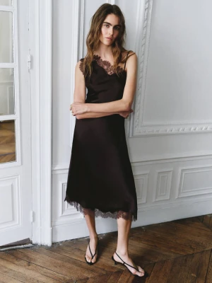 Asymetryczna sukienka satynowa z koronką czekoladowy - Kobieta - - MANGO