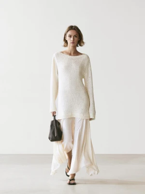 Asymetryczna Sukienka Średniej Długości Z Kontrastowymi Detalami - Surowy - - Massimo Dutti - Kobieta