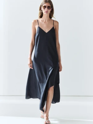 Asymetryczna Sukienka Średniej Długości Ze 100% Lnu - Niebieski - Massimo Dutti - Female