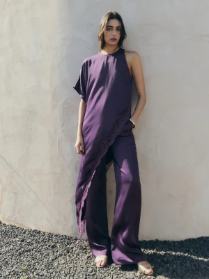 Asymetryczny satynowy top z koronką purpurowy - Kobieta - - MANGO