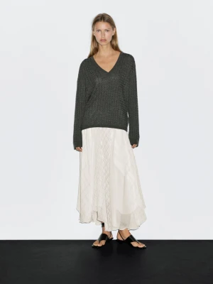 Asymmetric Check Midi Skirt - Biały - - Massimo Dutti - Female
