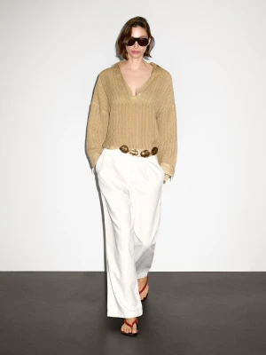 Ażurowa Bluzka Z Mieszanki Lnu Z Kołnierzykiem Polo - Żółty Musztardowy - - Massimo Dutti - Kobieta
