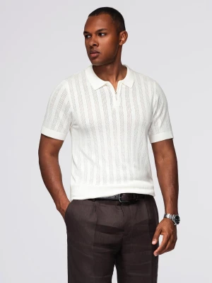 Zdjęcie produktu Ażurowa koszulka polo męska z suwakiem przy dekolcie – biała V1 - Rozmiar: L Ombre Clothing