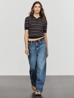 Ażurowa Koszulka Polo W Paski Z Mieszanki Bawełny - Niebieski - Massimo Dutti - Female