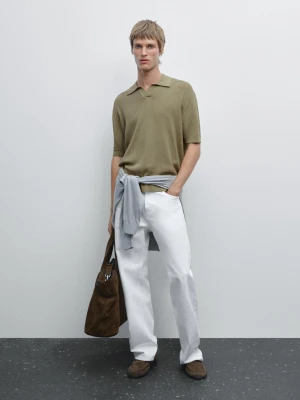 Ażurowa Koszulka Polo Z Dekoltem W Serek - Zielony Wodnisty - - Massimo Dutti - Mężczyzna