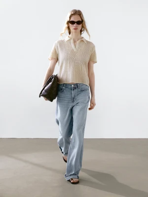 Ażurowa Koszulka Polo Z Haftem - Surowy - - Massimo Dutti - Kobieta