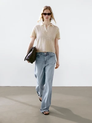 Ażurowa Koszulka Polo Z Haftem - Surowy - - Massimo Dutti - Kobieta