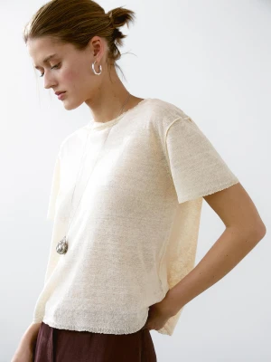 Ażurowa Koszulka Z Mieszanki Lnu - Piaskowy - - Massimo Dutti - Kobieta