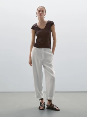 Ażurowa Koszulka Z Tkaniny Pointelle - Brązowy - - Massimo Dutti - Kobieta