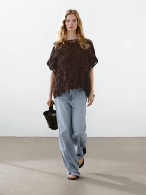 Ażurowa Peleryna Szydełkowa - Bakłażanowy/Oberżynowy - - Massimo Dutti - Kobieta
