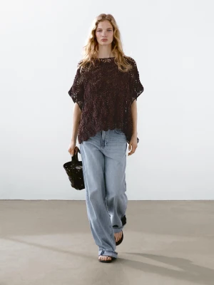 Ażurowa Peleryna Szydełkowa - Bakłażanowy/Oberżynowy - - Massimo Dutti - Kobieta
