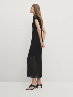 Ażurowa Sukienka Średniej Długości Z Krótkim Rękawem - Czarny - - Massimo Dutti - Kobieta