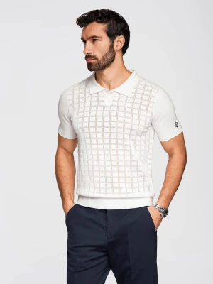 Ażurowa wiskozowa męska koszulka polo - biała V1 - Rozmiar: L Ombre Clothing
