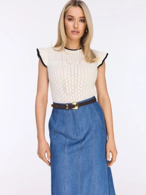Ażurowy bawełniany kremowy sweter z krótkimi rękawami TARANKO