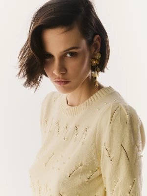 Ażurowy śmietankowy sweter z krótkim rękawem TARANKO