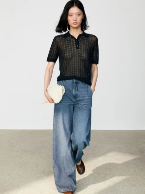 Ażurowy Sweter Polo - Granatowy - Massimo Dutti - Female