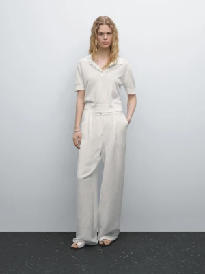Ażurowy Sweter Polo Z Mieszanki Lnu - Śnieżnobiały - - Massimo Dutti - Kobieta