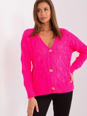 Ażurowy sweter rozpinany z dekoltem V fluo różowy