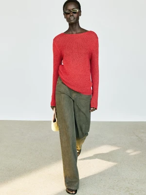 Ażurowy Sweter Z Dekoltem Łódką - Czerwony - Massimo Dutti - Female