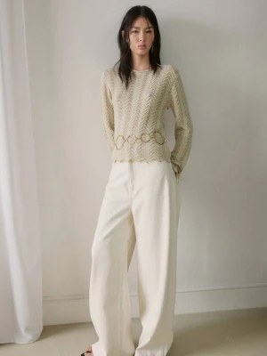 Ażurowy sweter z dzianiny z rozcięciem na rękawach piaskowy - Kobieta - - MANGO