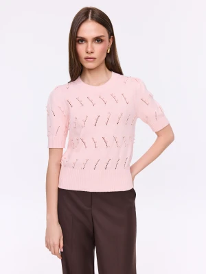 Ażurowy sweter z krótkim rękawem w kolorze różowym TARANKO