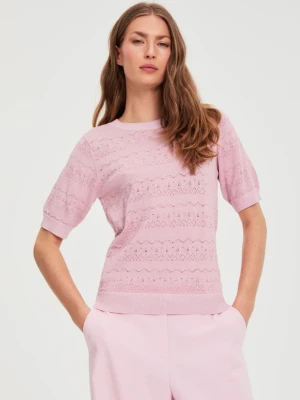 Ażurowy sweter z krótkimi rękawami różowy Moodo