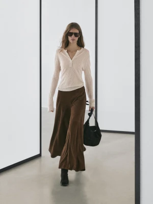 Ażurowy Sweter Z Mieszanki Wełny Z Dekoltem Na Guziki - Surowy - - Massimo Dutti - Kobieta