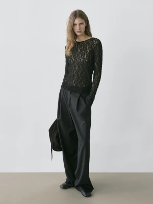 Ażurowy Top Z Dzianiny Z Długim Rękawem I Koronką - Czarny - - Massimo Dutti - Kobieta