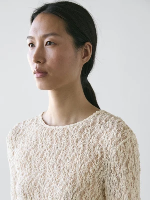 Ażurowy Top Z Dzianiny Z Długim Rękawem I Koronką - Surowy - - Massimo Dutti - Kobieta