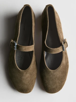 Balerinki Z Zamszowej Skóry - Khaki - - Massimo Dutti - Kobieta