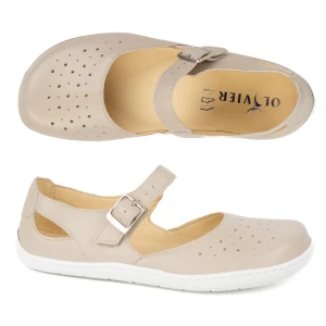 Baleriny ażurowe barefoot damskie Olivier 1284 – skórzane buty z klamerką do codziennych i eleganckich stylizacji beżowe beżowy