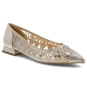 Baleriny damskie S.Barski, cholewka ze skóry ekologicznej z eleganckimi dodatkami na płaskim obcasie, złote, SR61-0104