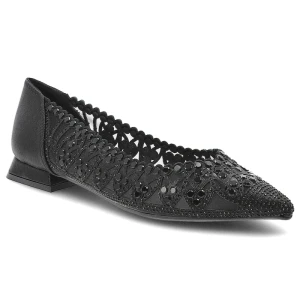 Baleriny damskie S.Barski, cholewka ze skóry ekologicznej zabudowany szpiczasty przód zdobienia z drobnymi aplikacjami, czarne, SR61-0104