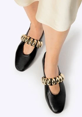 Baleriny ze skóry naturalnej z błyszczącym paskiem czarne Wittchen