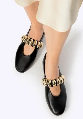 Baleriny ze skóry naturalnej z błyszczącym paskiem czarne Wittchen