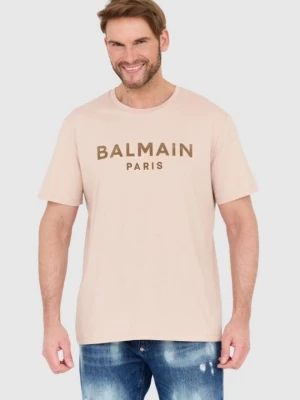 BALMAIN Beżowy męski t-shirt z aksamitnym logo flock and foil, Rozmiar S